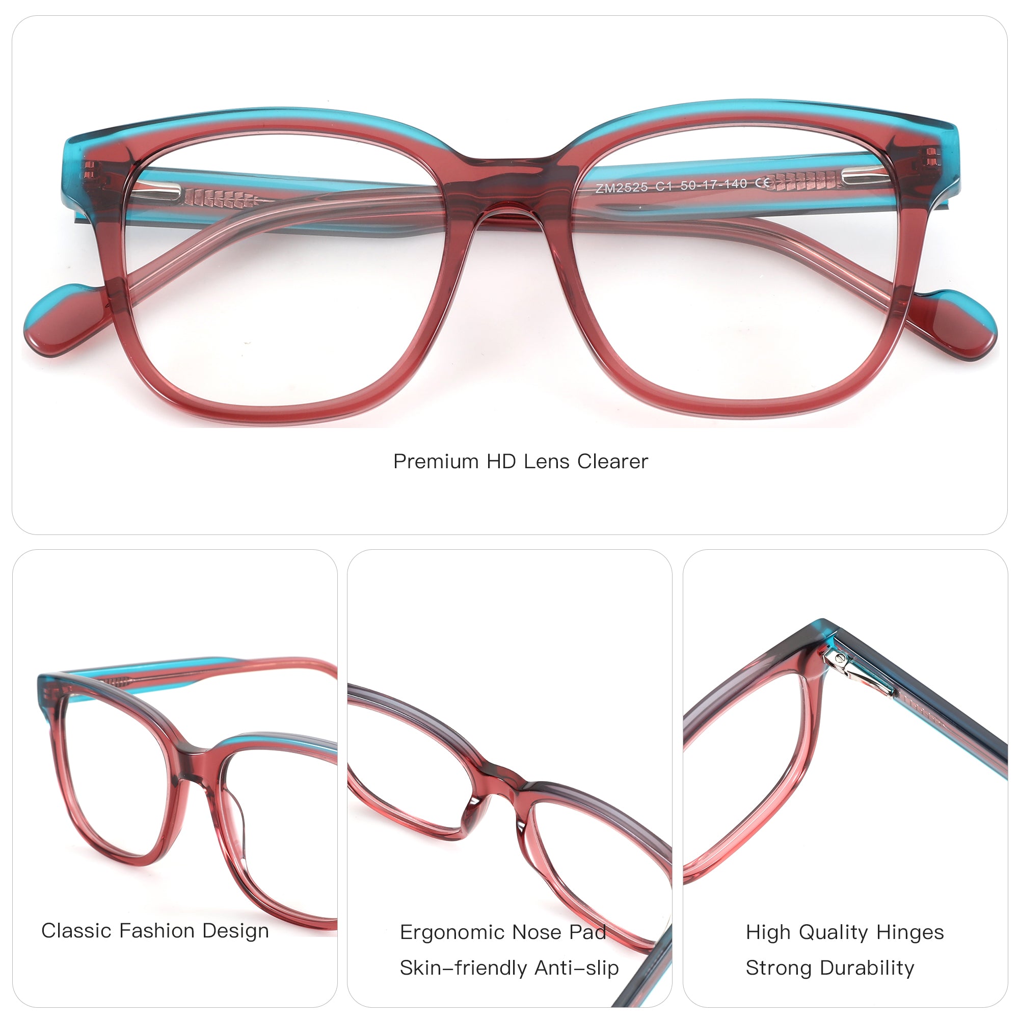 ZENOTTIC Serendipity square acetate glasses, burgundy/teal, prescription ready.