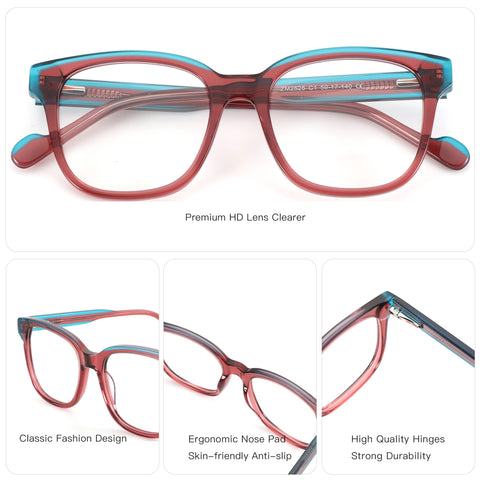 ZENOTTIC Serendipity square acetate glasses, burgundy/teal, prescription ready.