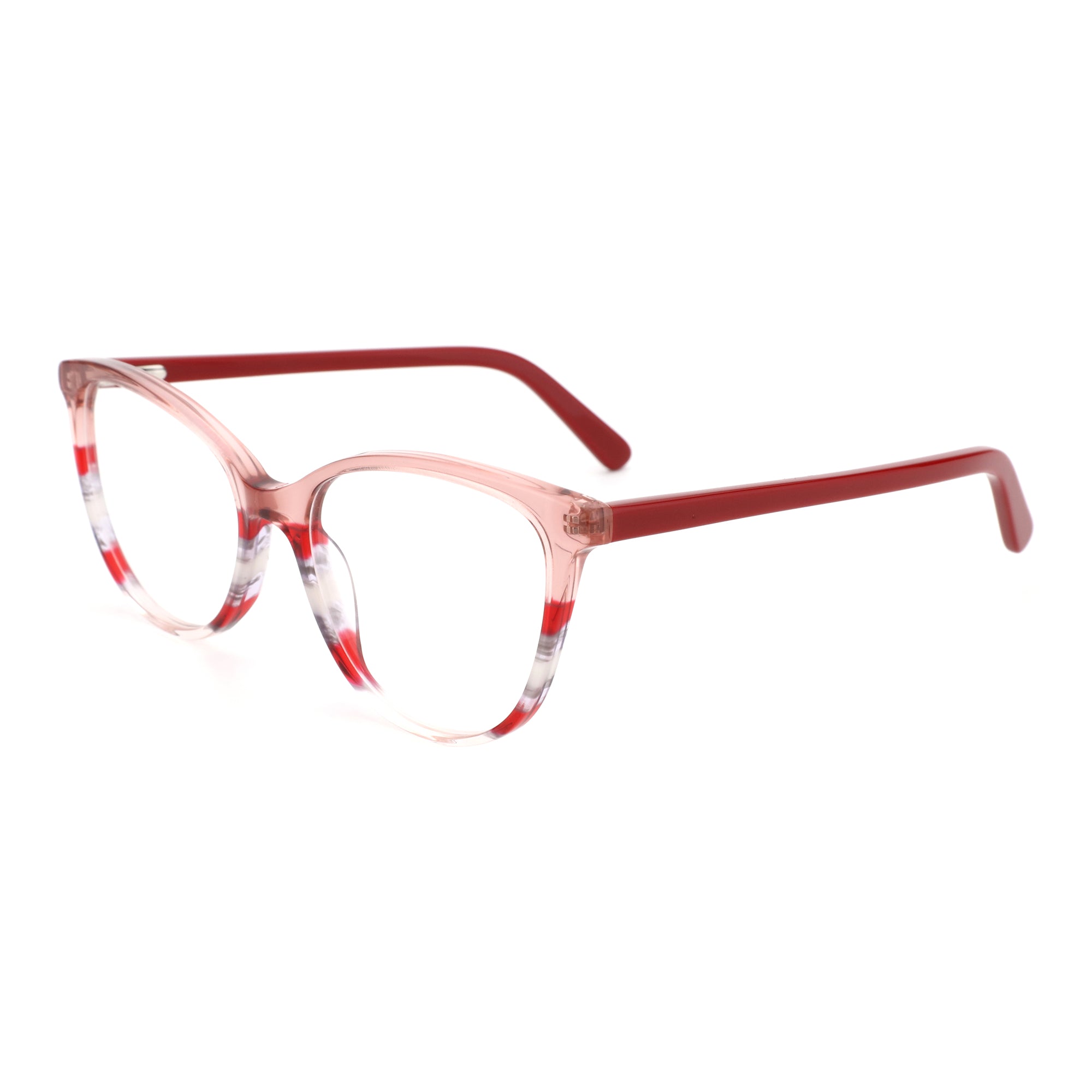 Zenottic Ensoleile square acetate eyeglasses, pink front with red swirl pattern, red temples.
