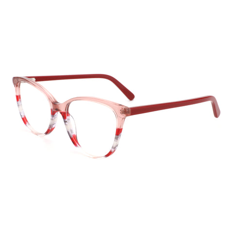 Zenottic Ensoleile square acetate eyeglasses, pink front with red swirl pattern, red temples.