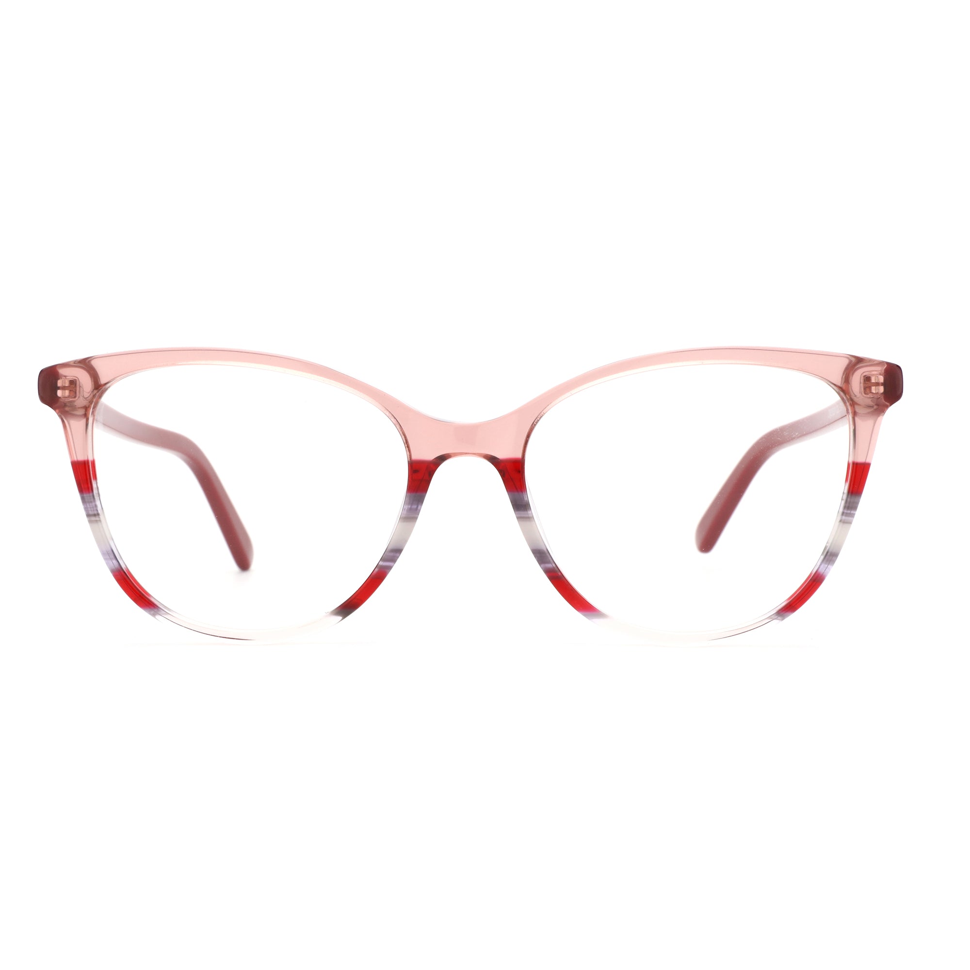 ZENOTTIC Ensoleile eyeglasses: pink acetate square frame with red & gray striped lower rim.
