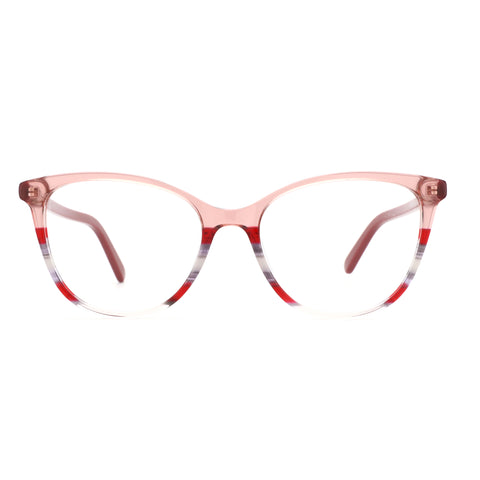 ZENOTTIC Ensoleile eyeglasses: pink acetate square frame with red & gray striped lower rim.