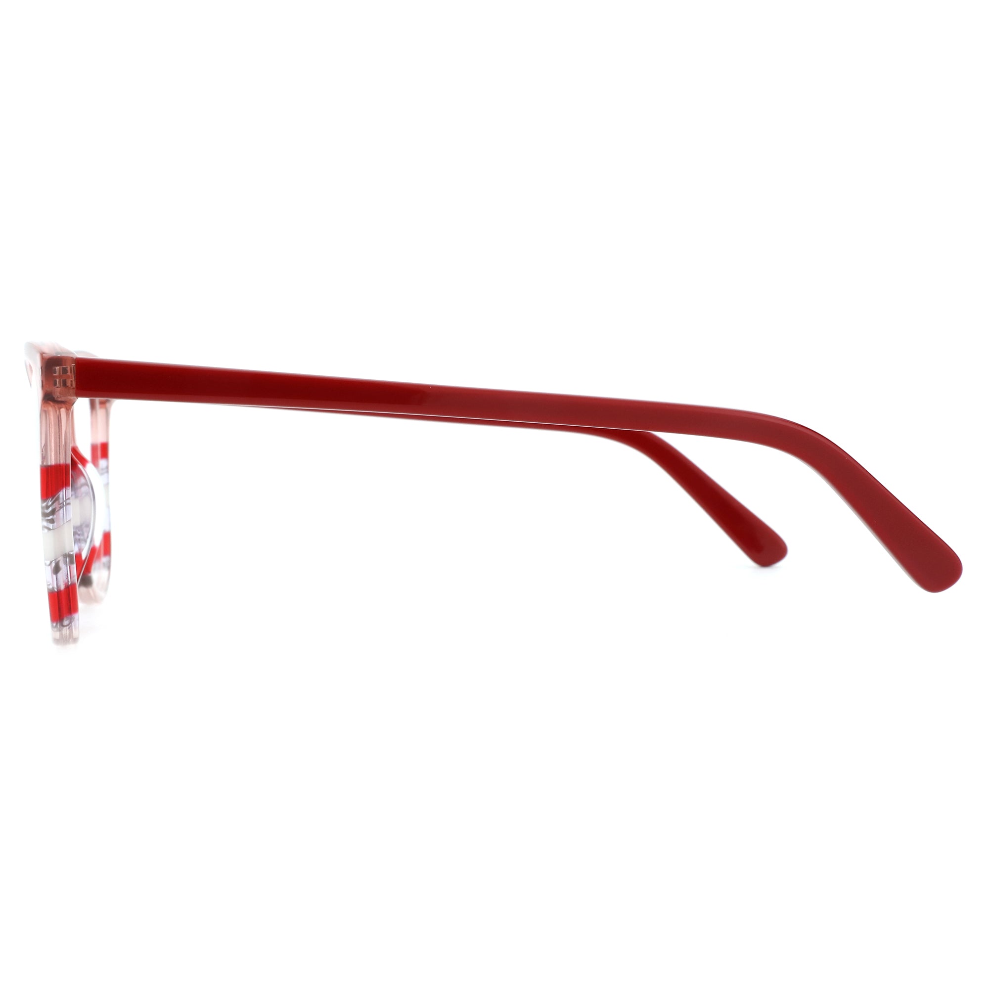 Zenottic Ensoleile acetate eyeglasses, red arms, red and white striped front.