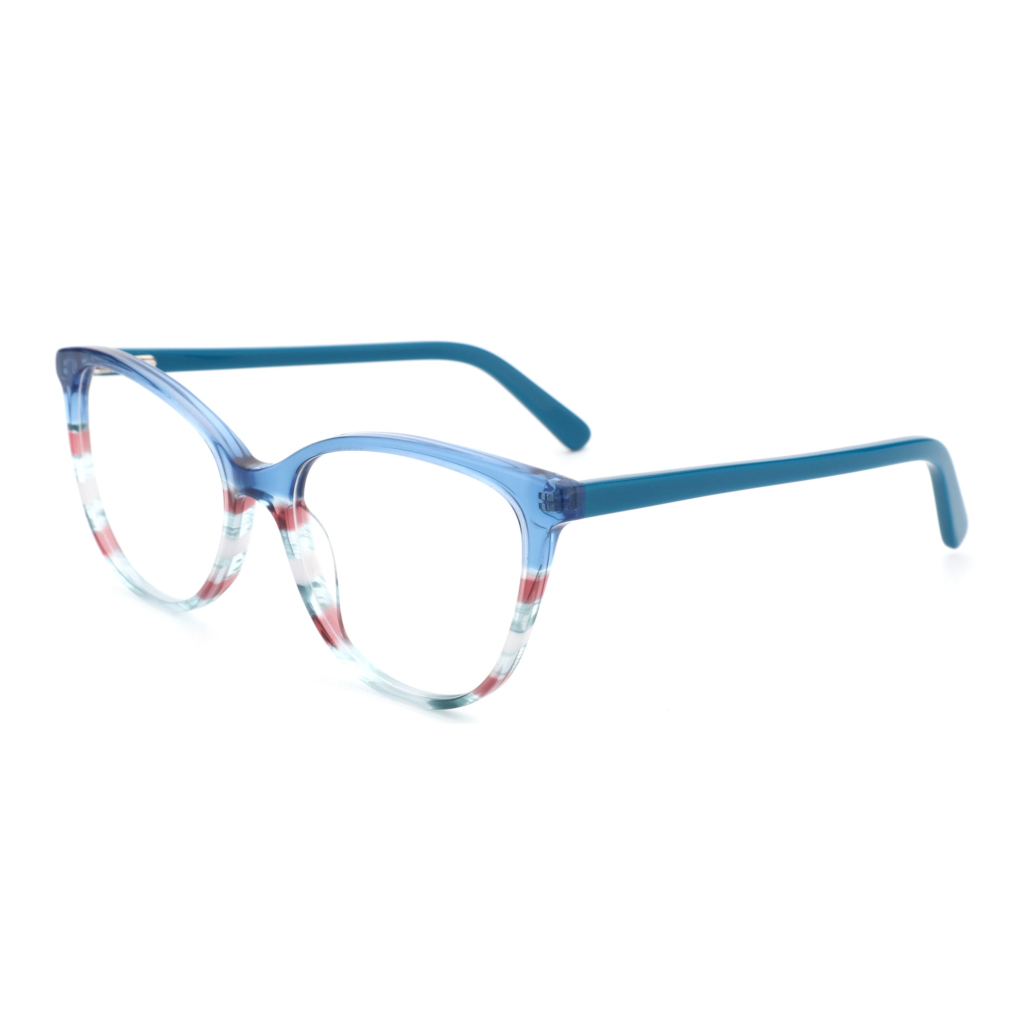 ZENOTTIC Ensoleile blue acetate square eyeglasses with red/white stripe accents.