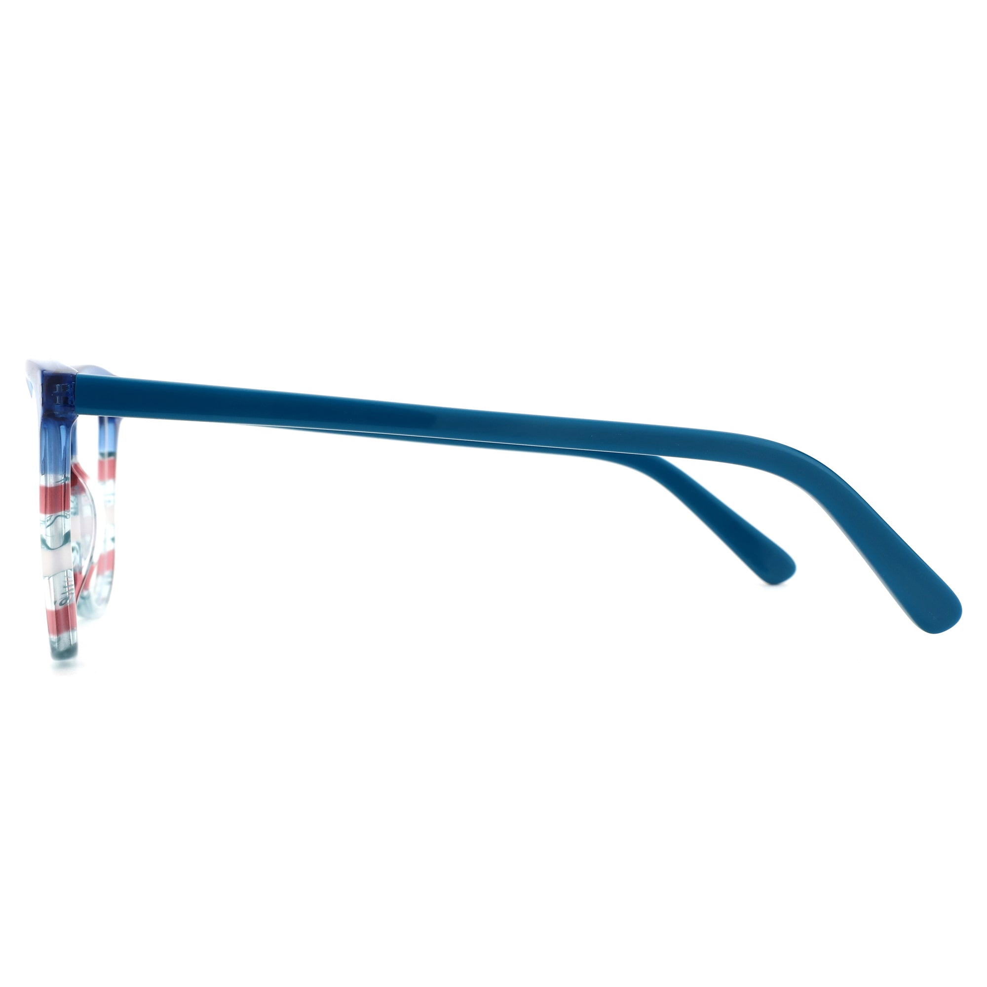 ZENOTTIC Ensoleile blue acetate square eyeglasses with red and white striped front detail, side view.