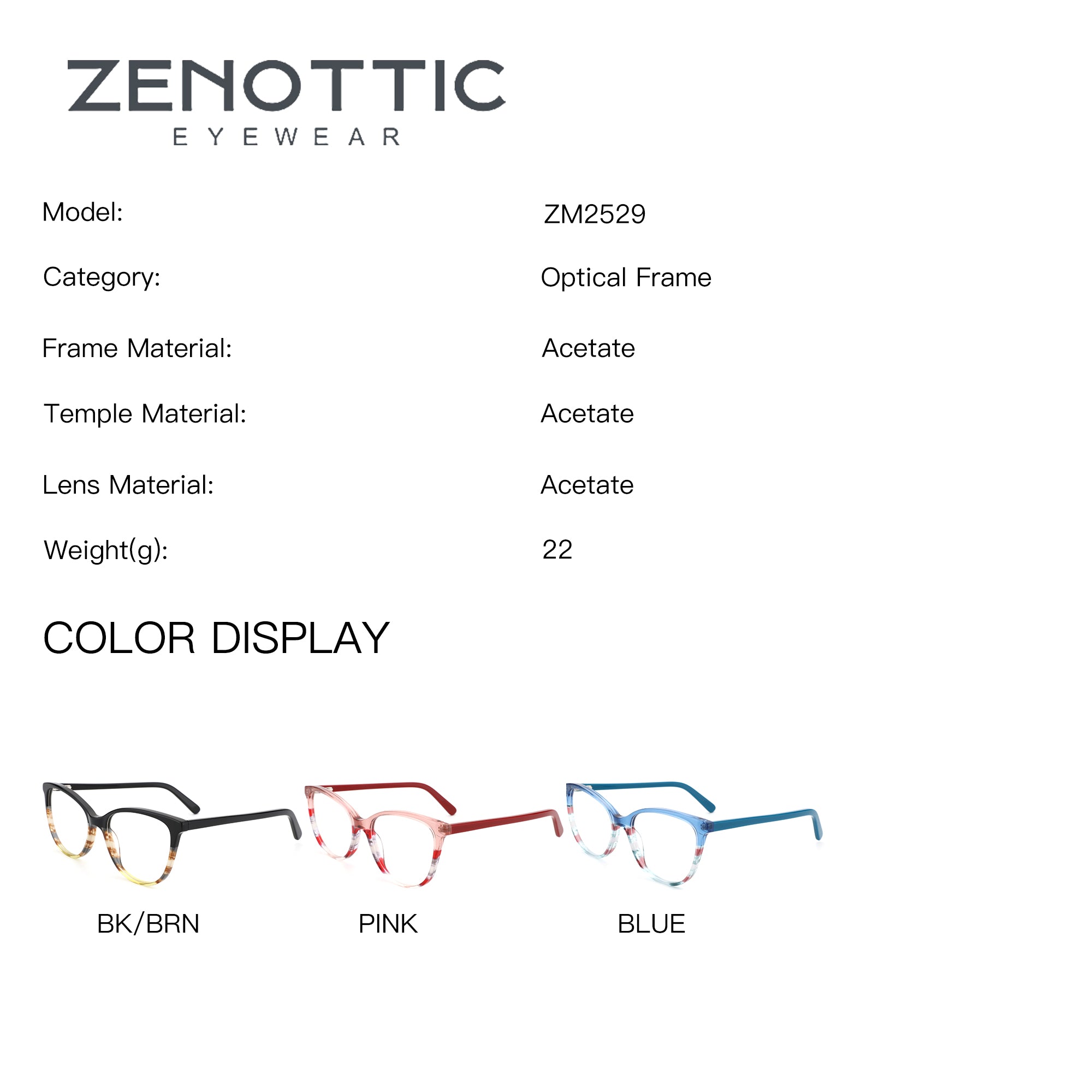 ZENOTTIC Ensoleile eyeglasses in BK/BRN, PINK, BLUE acetate square frame styles.