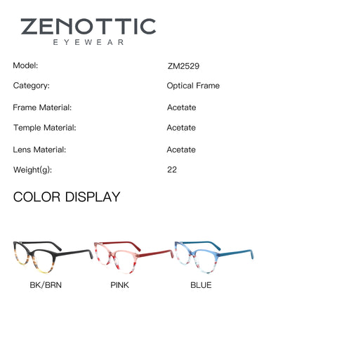 ZENOTTIC Ensoleile eyeglasses in BK/BRN, PINK, BLUE acetate square frame styles.
