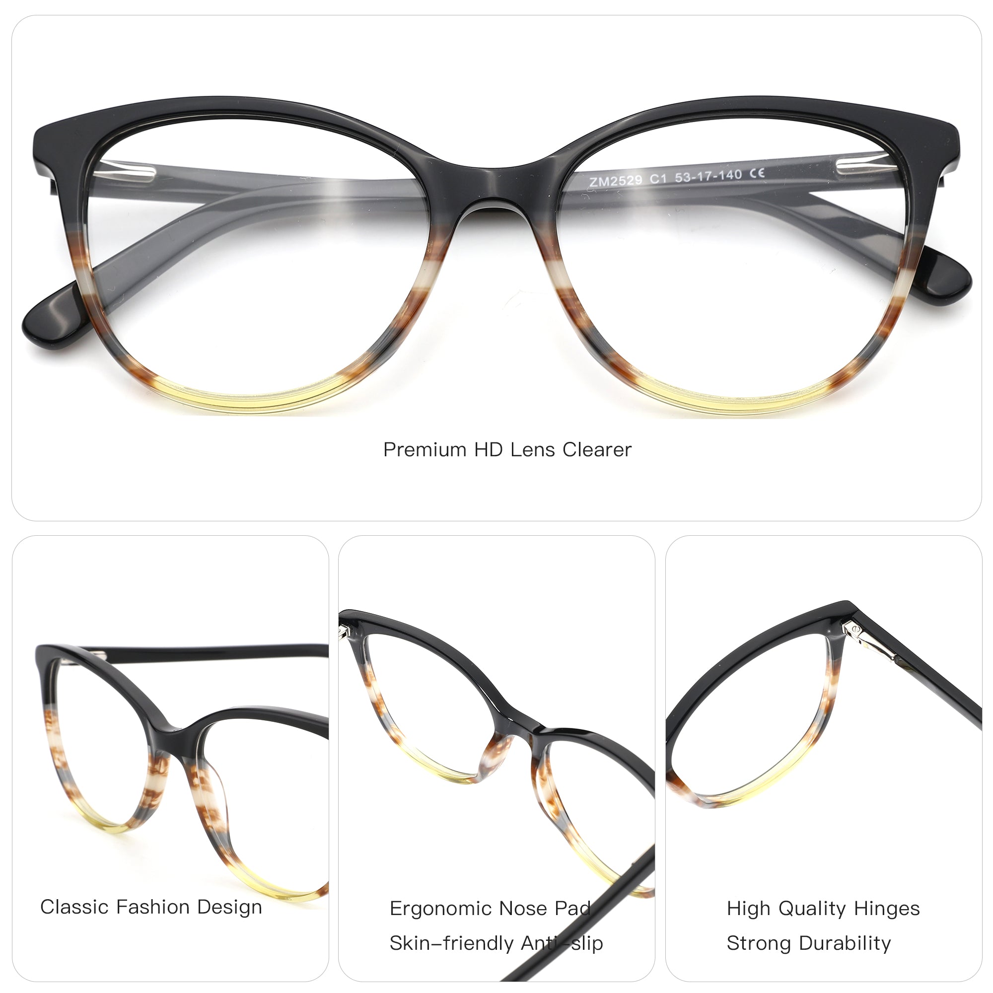 Zenottic Ensoleile fashion square acetate glasses, black to yellow gradient.