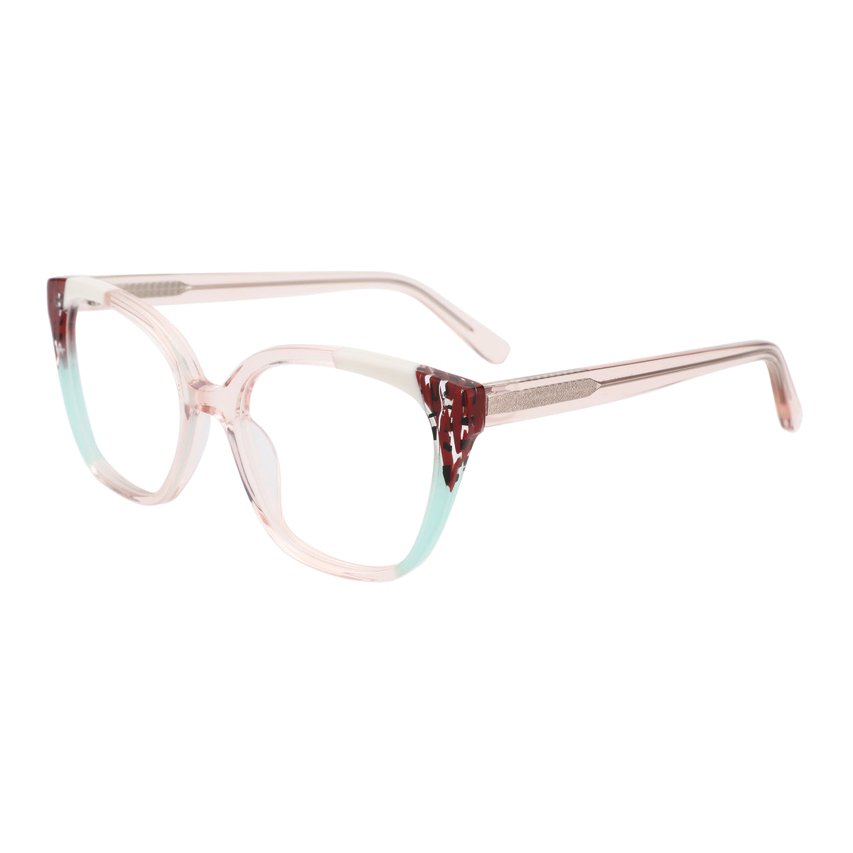 Zenottic Iceberg pink acetate square glasses with red pattern & mint green details.
