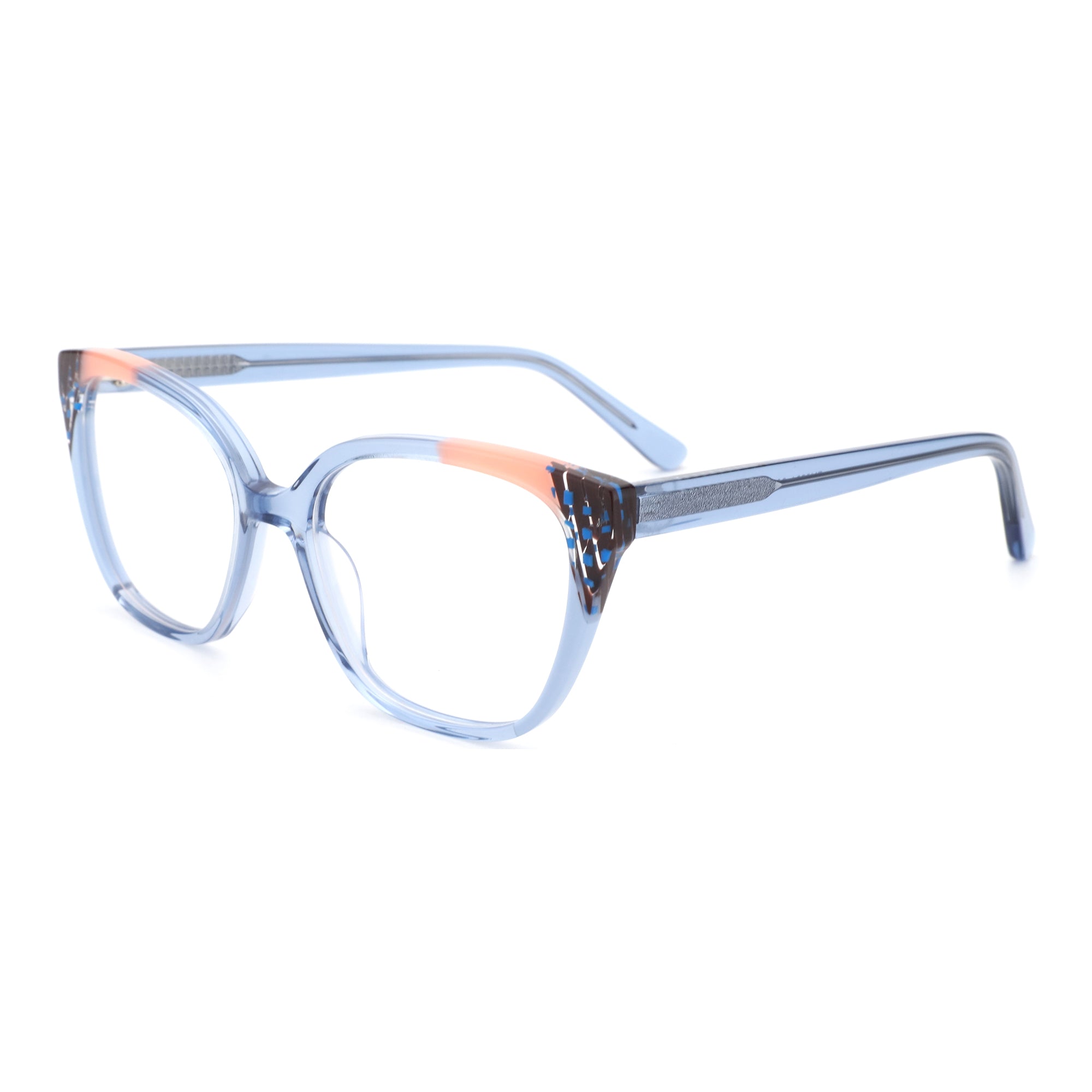 ZENOTTIC Iceberg eyeglasses: light blue cat-eye acetate, coral front accent, blue square temple pattern.