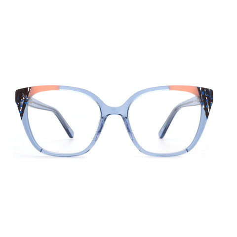 Zenottic Iceberg blue acetate eyeglasses featuring unique patterned temples and peach accents.