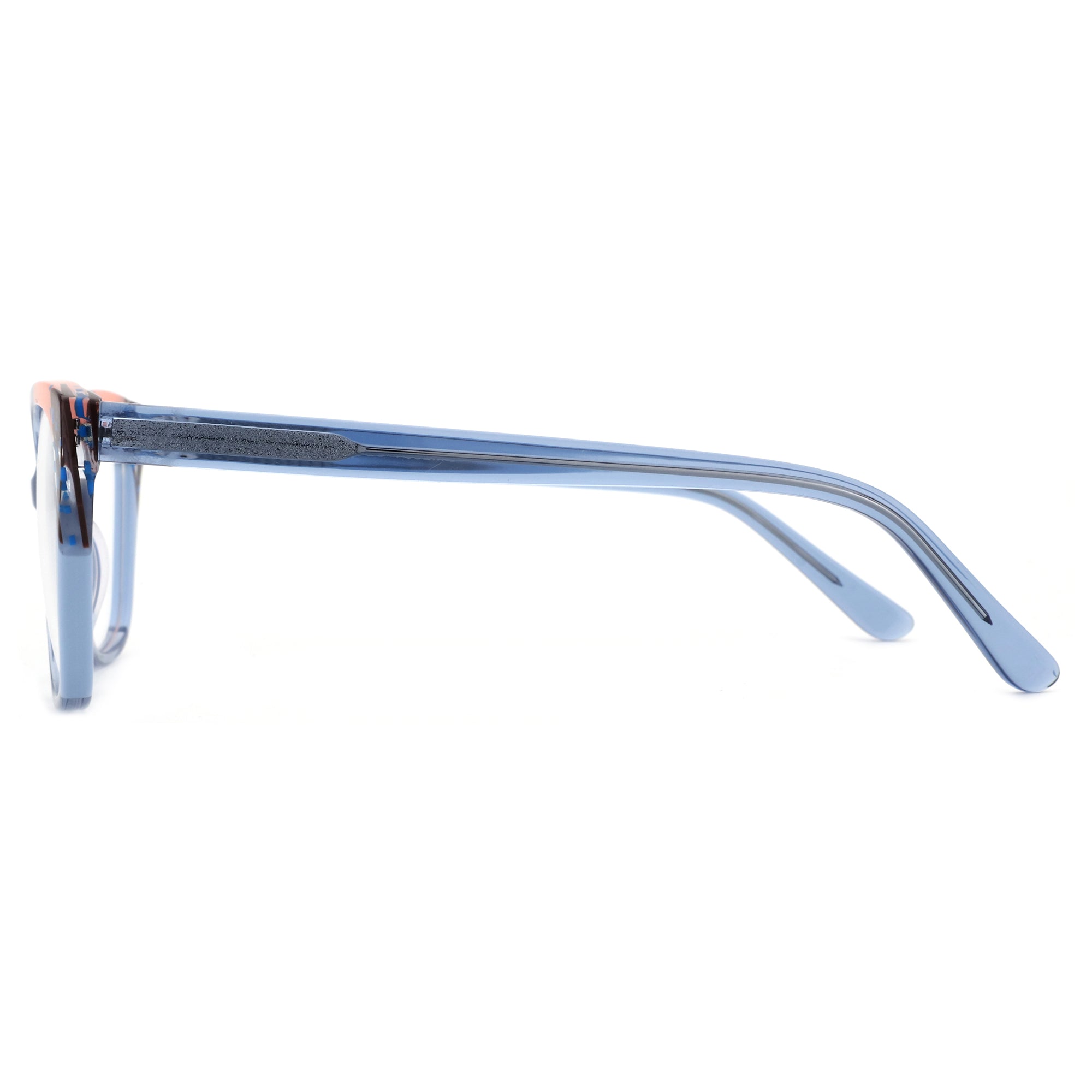 Zenottic Eyeglasses Iceberg light blue acetate square prescription glasses, side view.