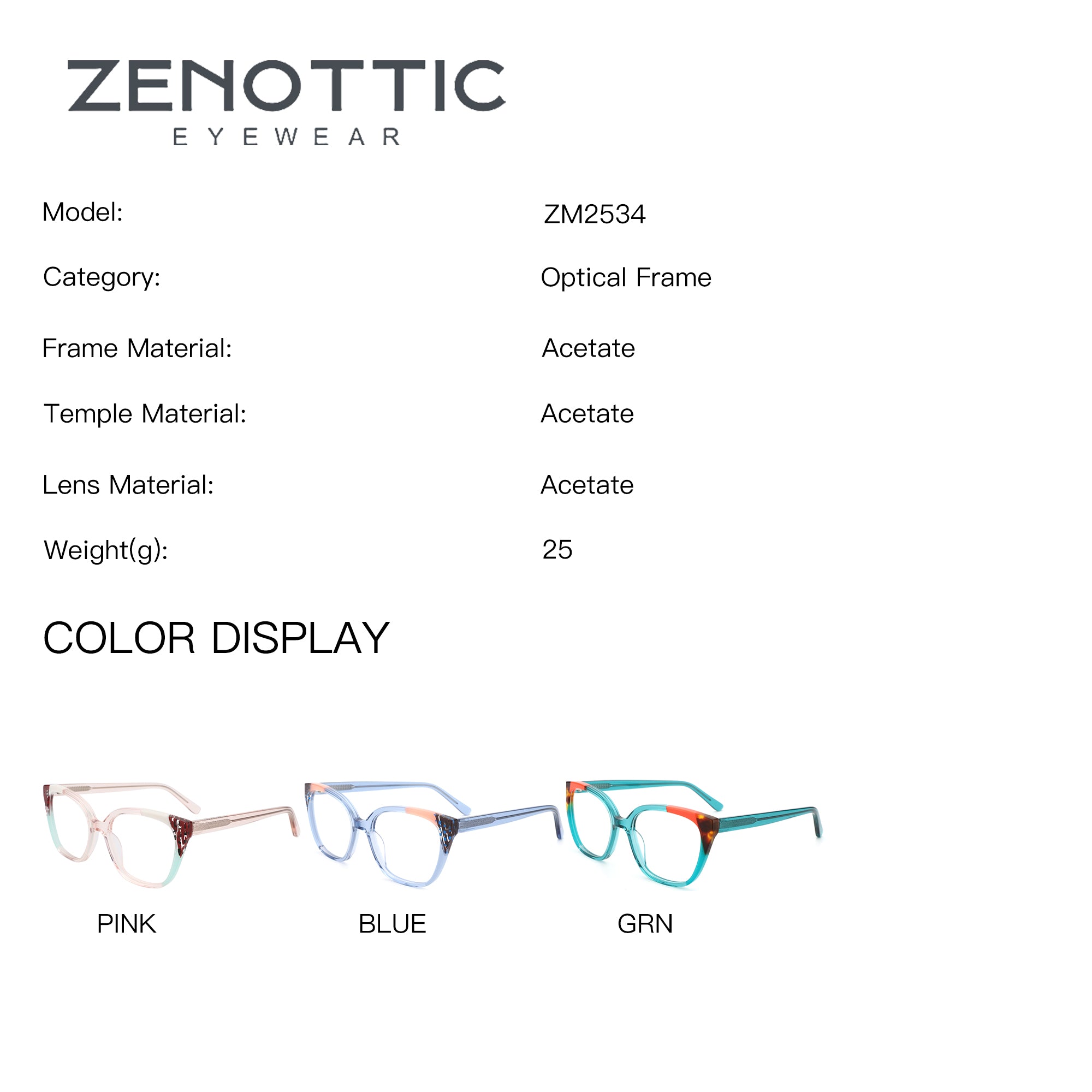 ZENOTTIC Eyeglasses Iceberg ZM2534 optical frames in Pink, Blue, and Green acetate.