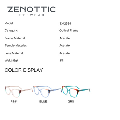 ZENOTTIC Eyeglasses Iceberg ZM2534 optical frames in Pink, Blue, and Green acetate.