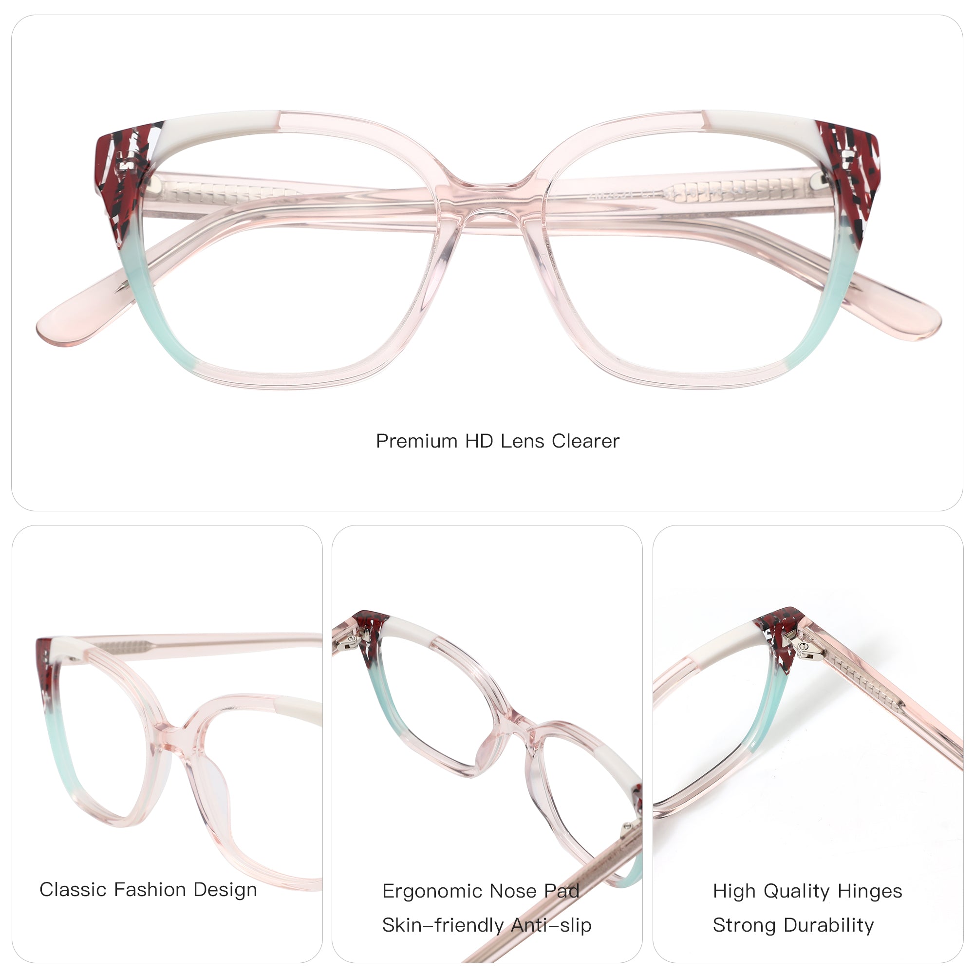 ZENOTTIC Iceberg square acetate eyeglasses: pink/blue gradient, white temples with red/maroon pattern.
