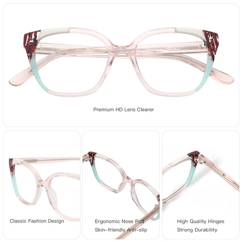 ZENOTTIC Iceberg square acetate eyeglasses: pink/blue gradient, white temples with red/maroon pattern.