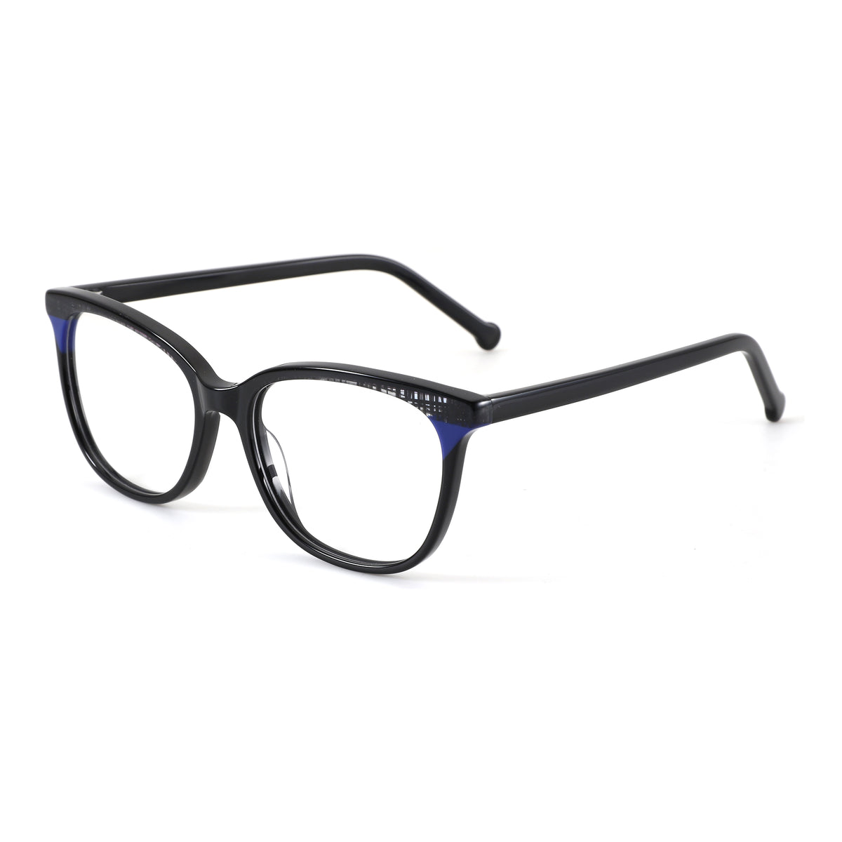 Zenottic Shivering eyeglasses: black square acetate frame with blue accents and clear demo lenses.