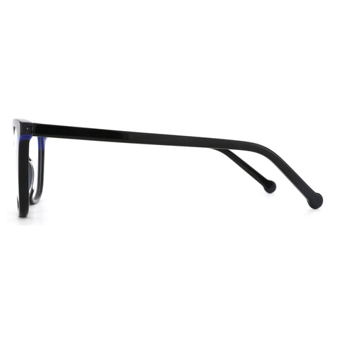 ZENOTTIC Shivering eyeglasses: black acetate square frame, clear lens, side view.