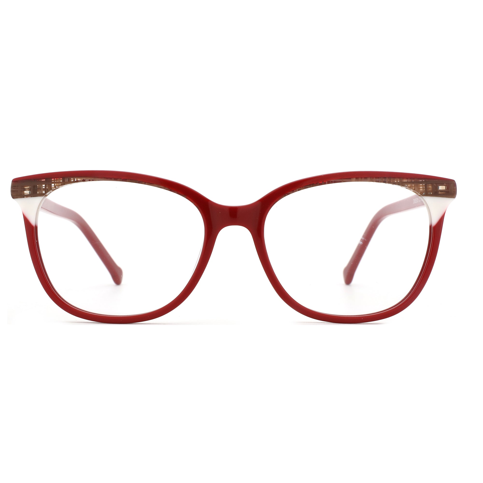 ZENOTTIC Shivering red acetate square eyeglasses with white and patterned accents.