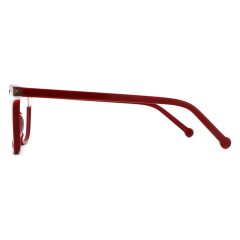 ZENOTTIC Shivering red acetate square eyeglasses frame, side view.