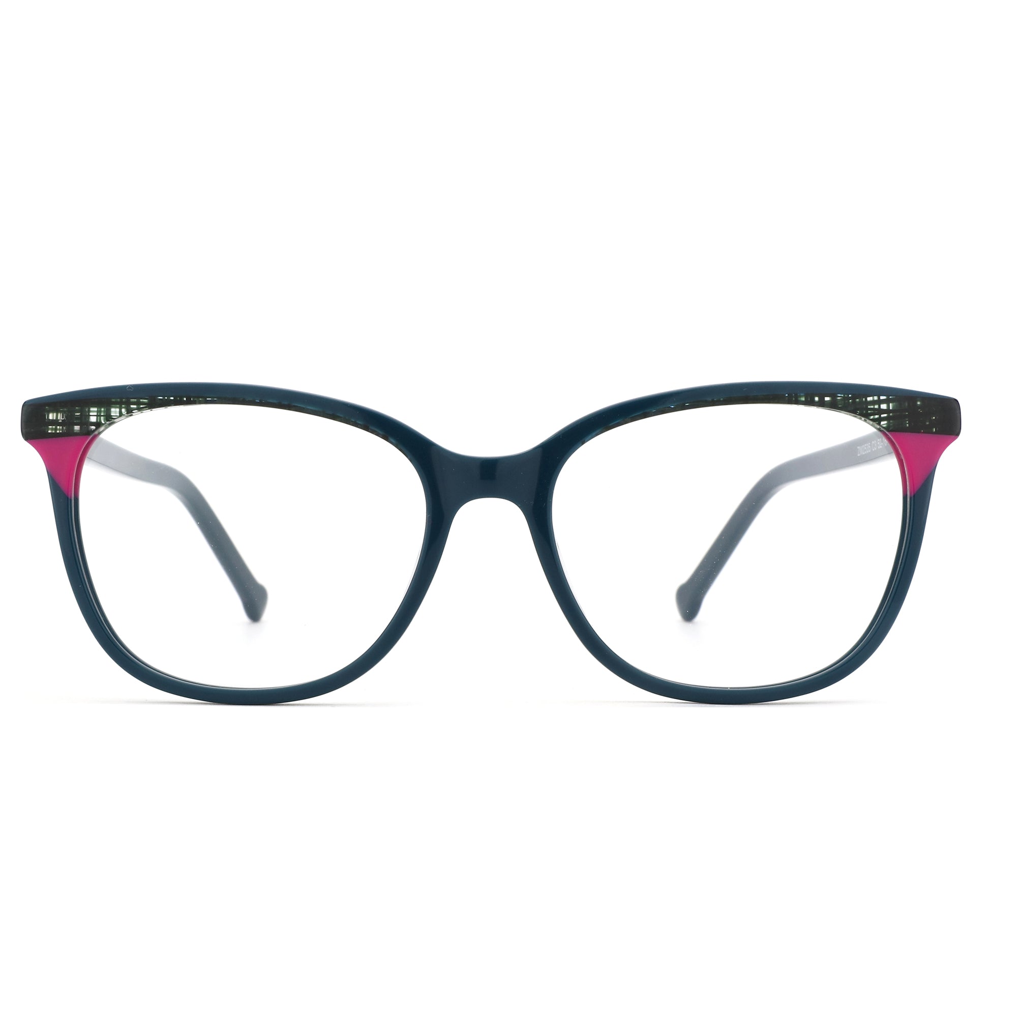 ZENOTTIC Shivering eyeglasses: dark blue acetate square frame with pink temple accents.