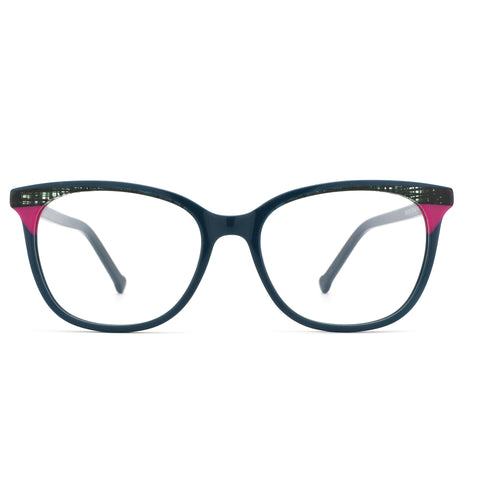 ZENOTTIC Shivering eyeglasses: dark blue acetate square frame with pink temple accents.