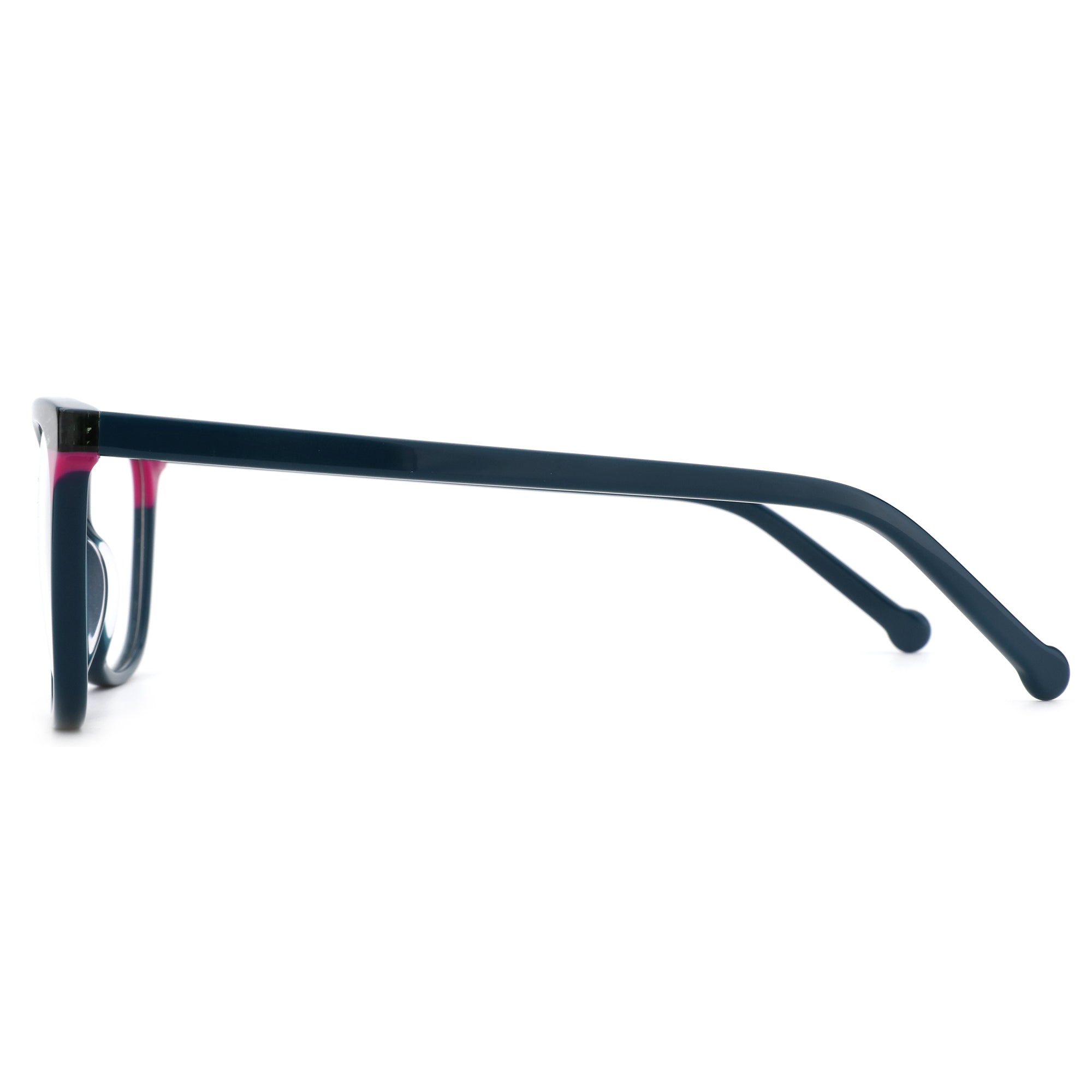 Zenottic Shivering eyeglasses: navy acetate square frame with pink accent, side view.