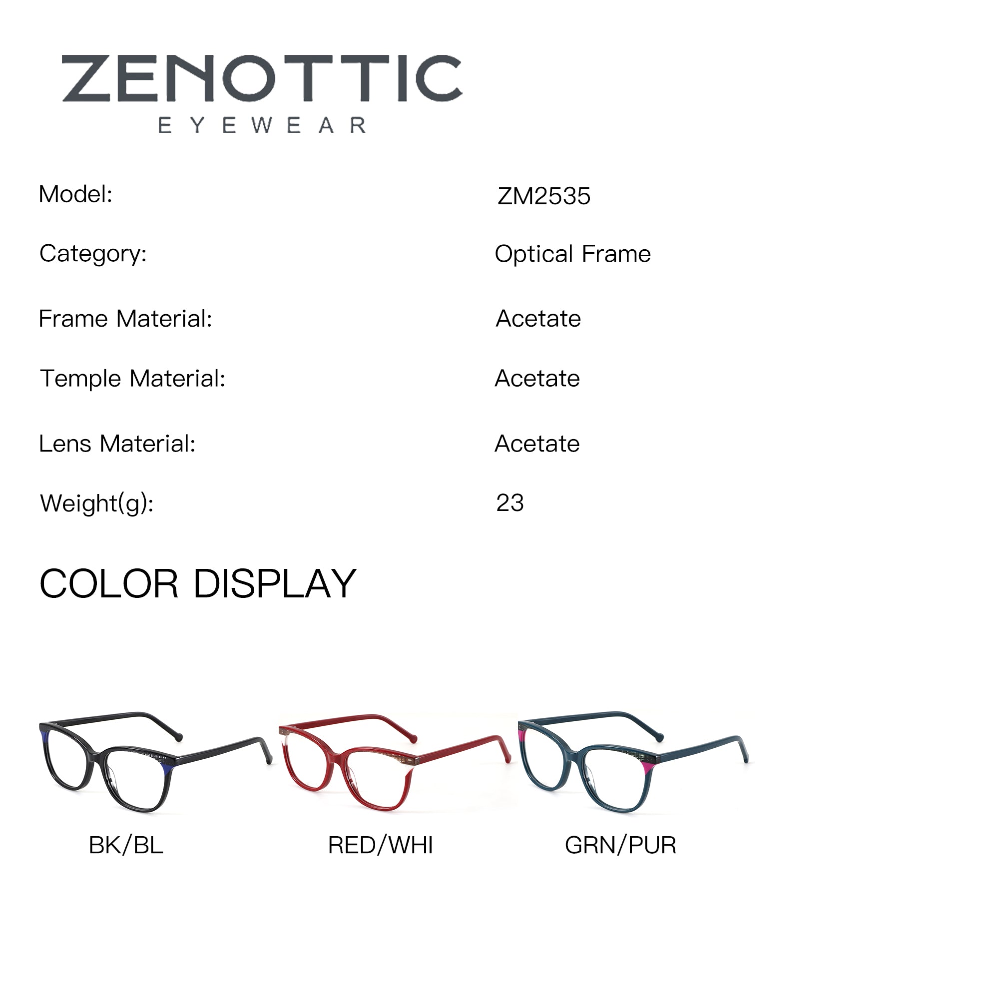 Zenottic ZM2535 acetate square optical frames in black, red, and green.