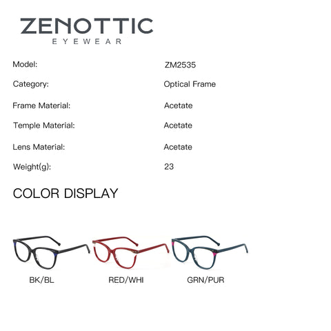 Zenottic ZM2535 acetate square optical frames in black, red, and green.
