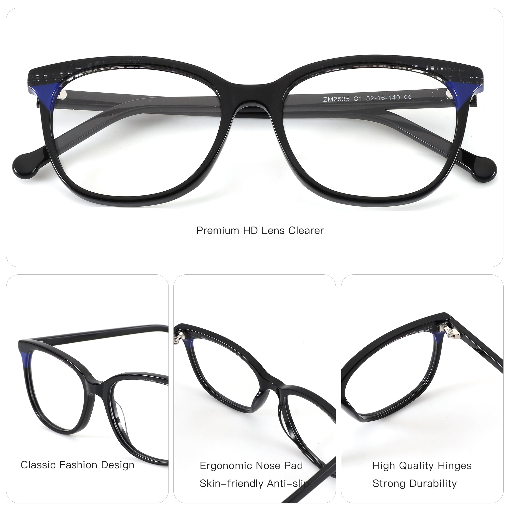 ZENOTTIC Shivering ZM2535 black acetate square fashion eyeglasses with clear lenses