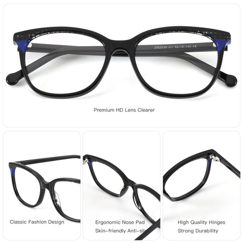 ZENOTTIC Shivering ZM2535 black acetate square fashion eyeglasses with clear lenses