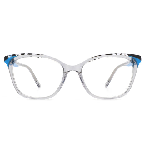 ZENOTTIC Suki clear acetate full-rim square eyeglasses with blue and black temple accents.