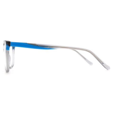 Zenottic Suki eyeglasses: clear square acetate frame with bold blue temple accents