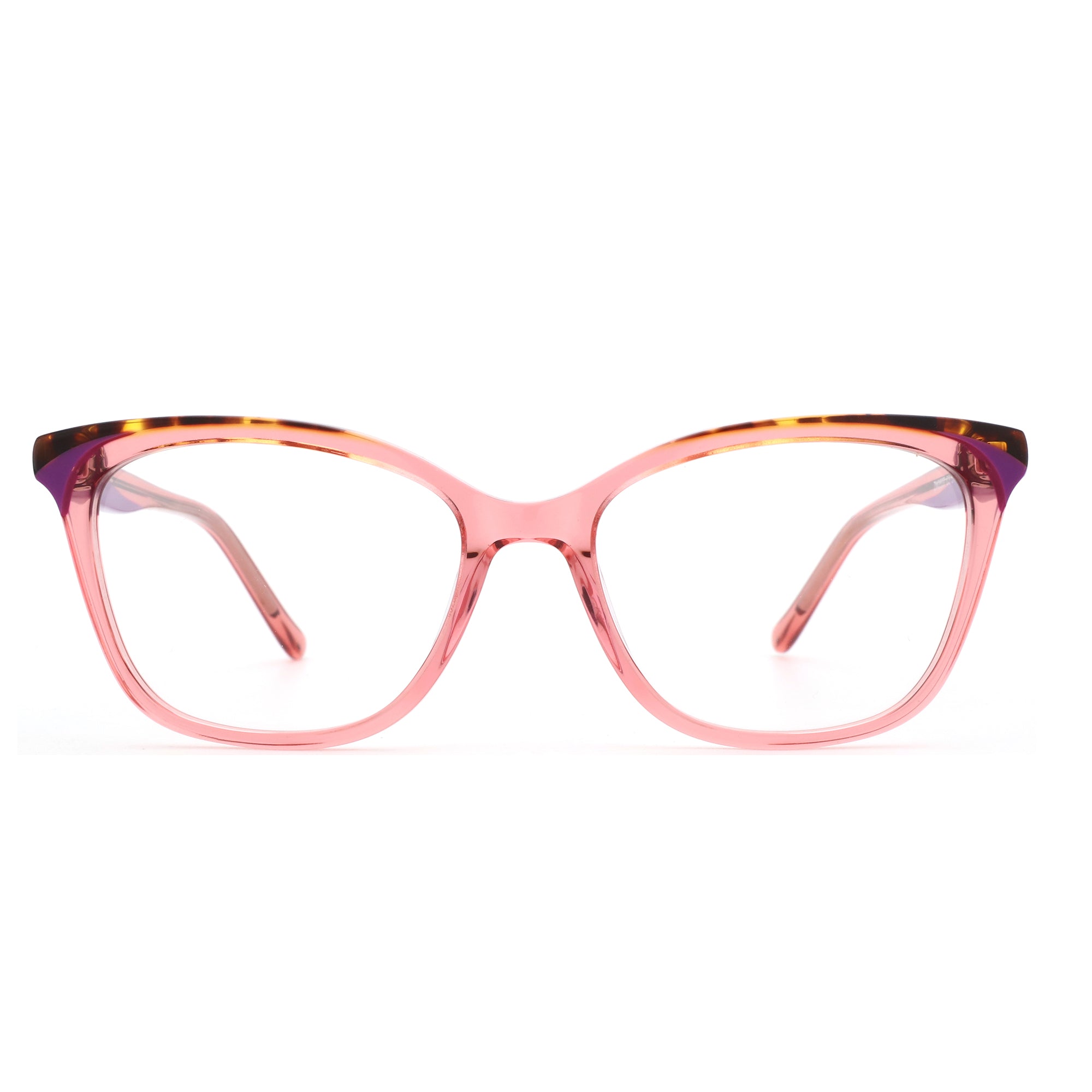 Zenottic Suki eyeglasses, pink acetate square frame with tortoise shell accents and purple temple detail.