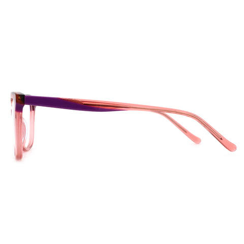 ZENOTTIC Suki square eyeglasses with pink acetate front and purple temples, side view.