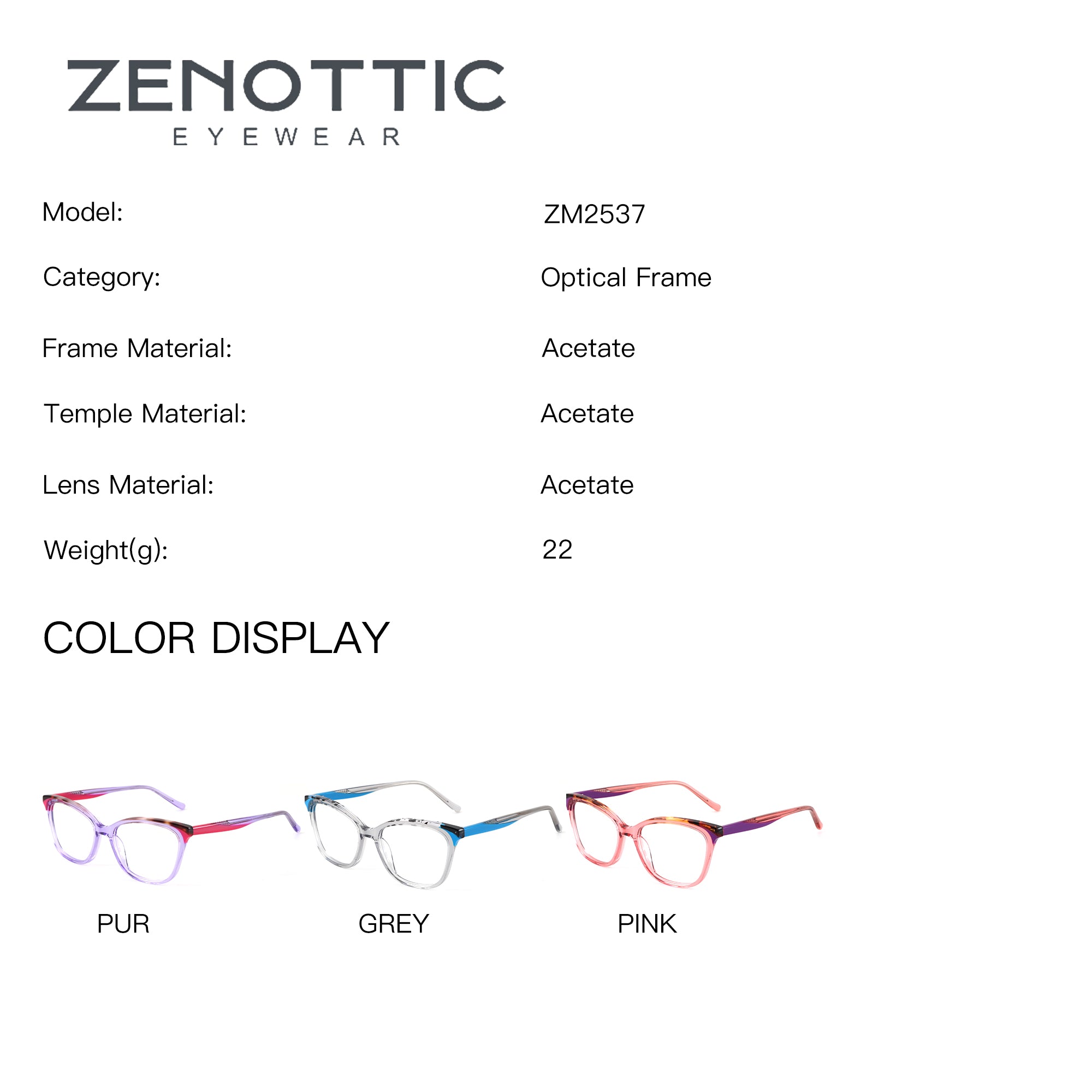 ZENOTTIC ZM2537 acetate eyeglasses model details and color options: PUR, GREY, PINK.