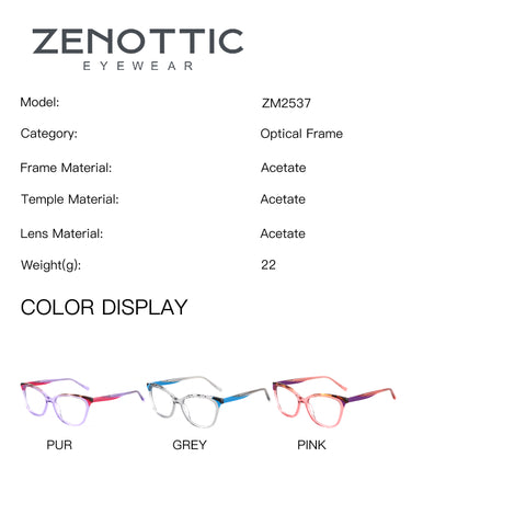 ZENOTTIC ZM2537 acetate eyeglasses model details and color options: PUR, GREY, PINK.