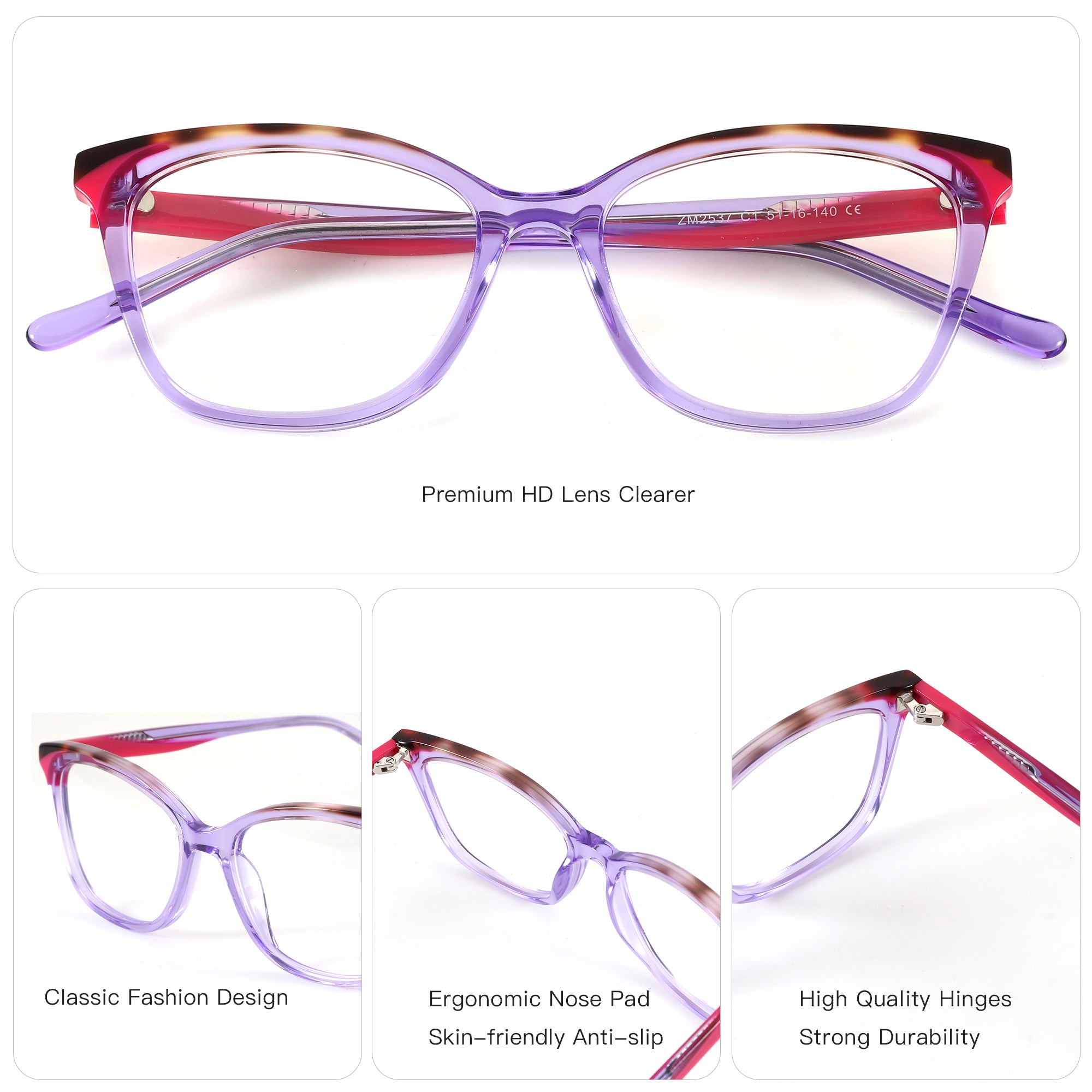 ZENOTTIC Suki acetate fashion square eyeglasses, clear purple with tortoiseshell accents.