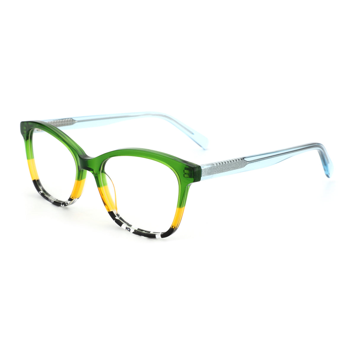 ZENOTTIC Sunflower square eyeglasses: green acetate frame with yellow and patterned details.
