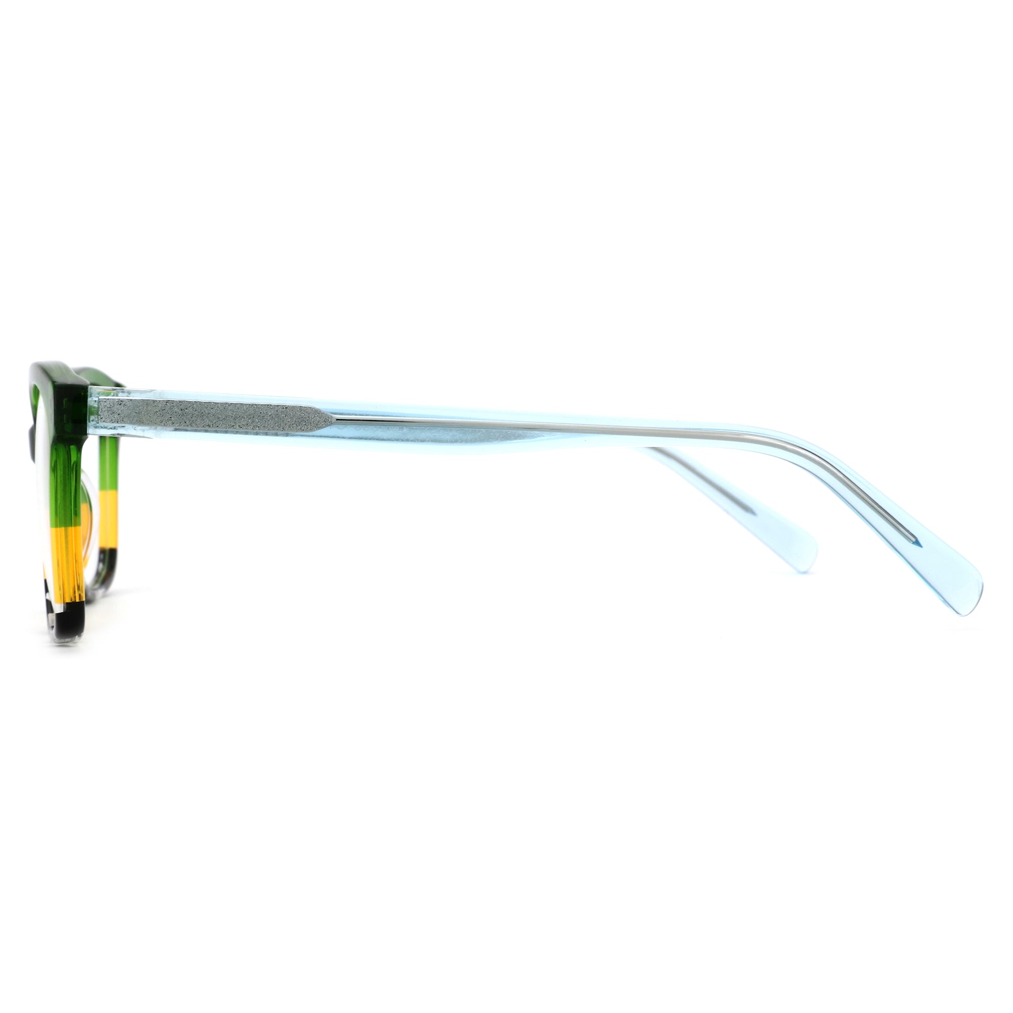 Zenottic Eyeglasses Sunflower side view, acetate frame with green, yellow, black accents and blue temples.