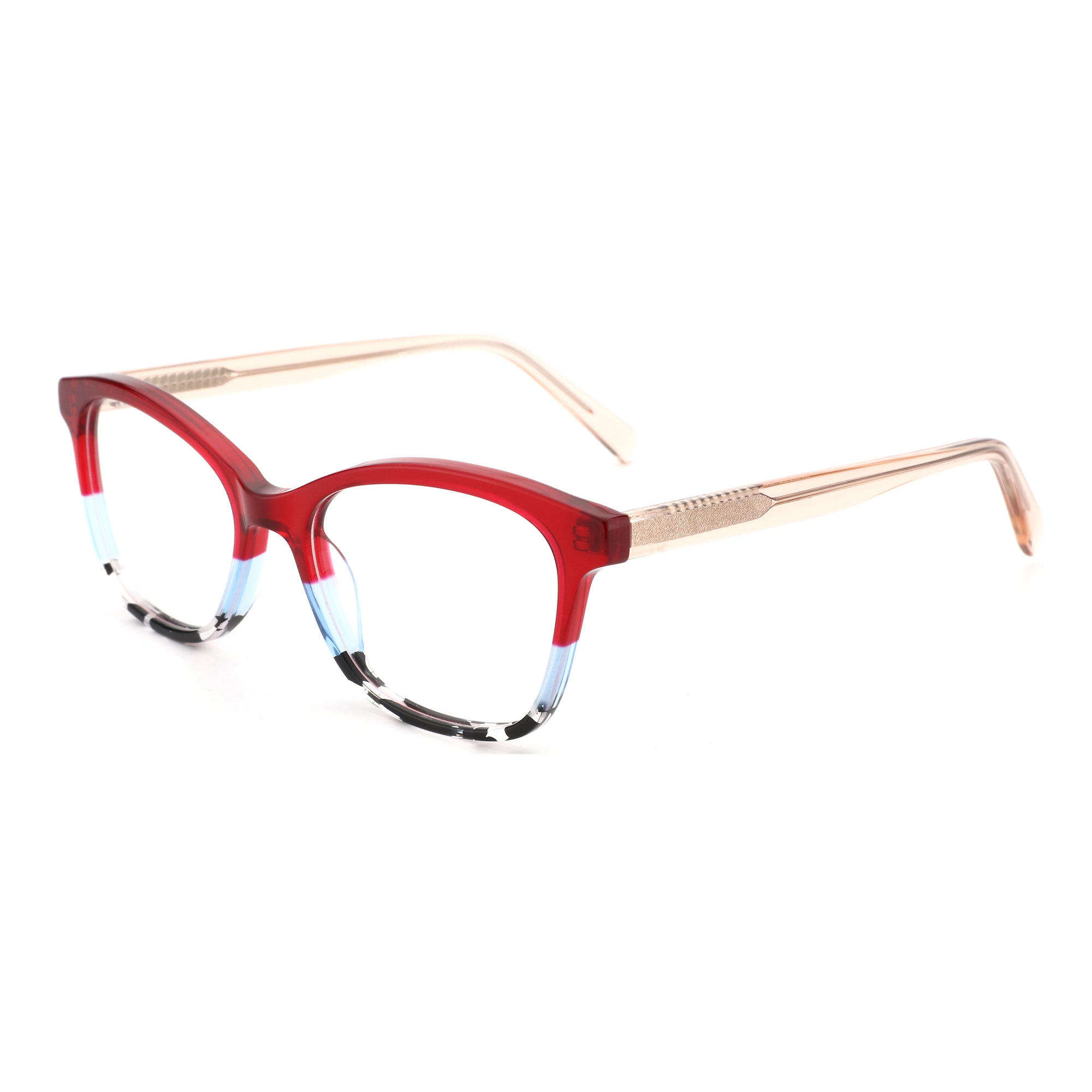 Zenottic Eyeglasses: Red, blue, and abstract patterned acetate square frame with clear lenses.