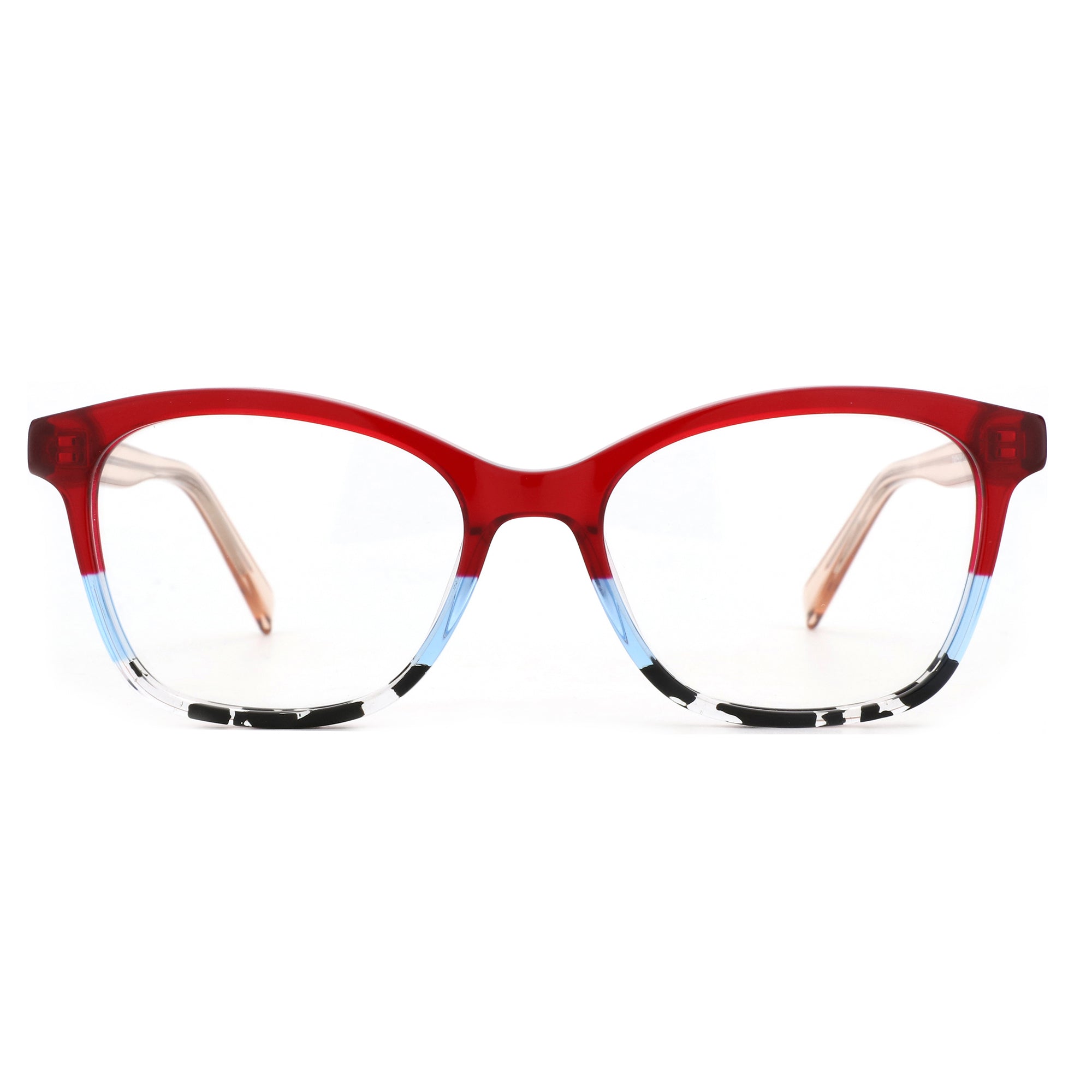 ZENOTTIC Sunflower square eyeglasses with red, blue, and patterned acetate frame.