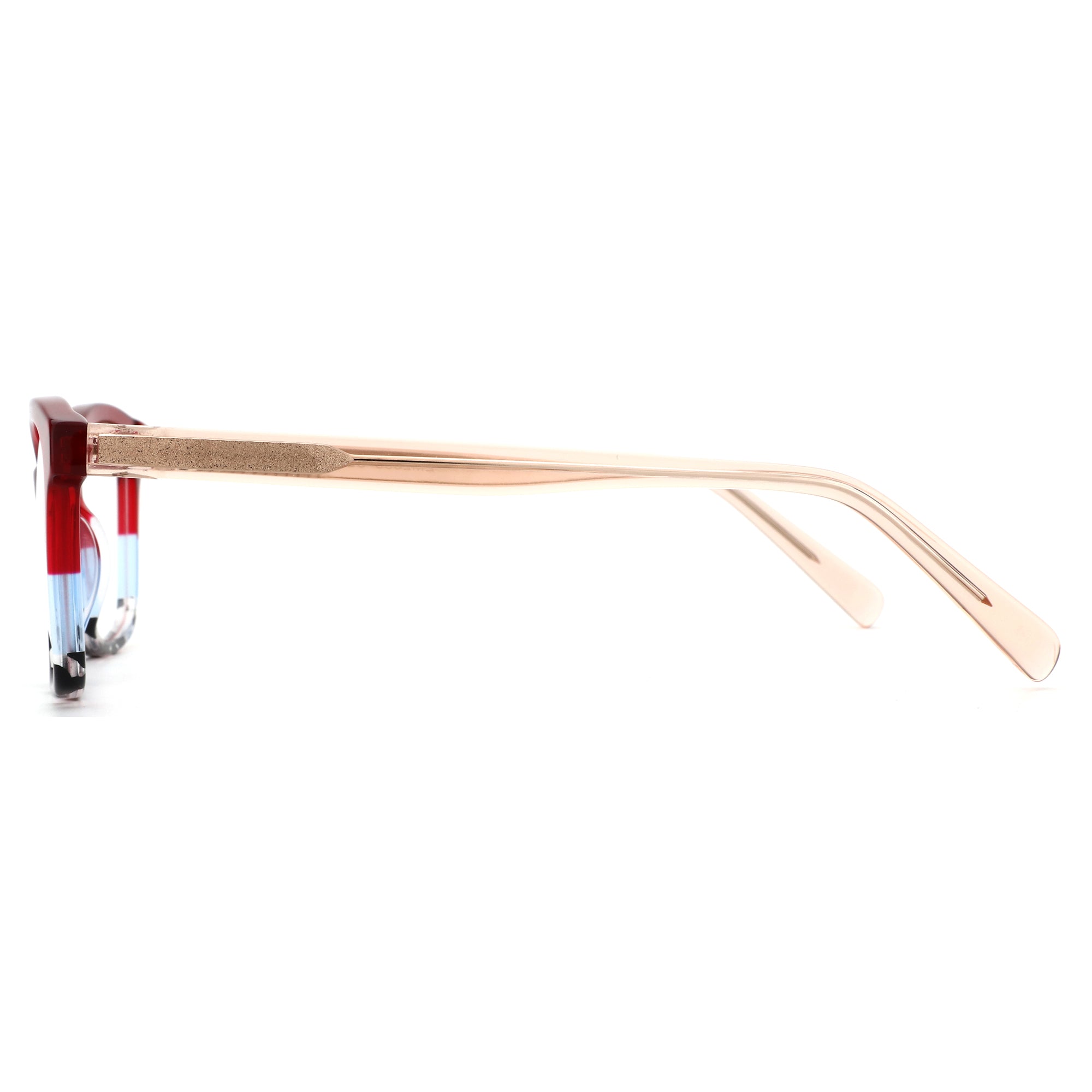 Zenottic Sunflower eyeglasses: Red/blue striped acetate frame, gold temple side view.