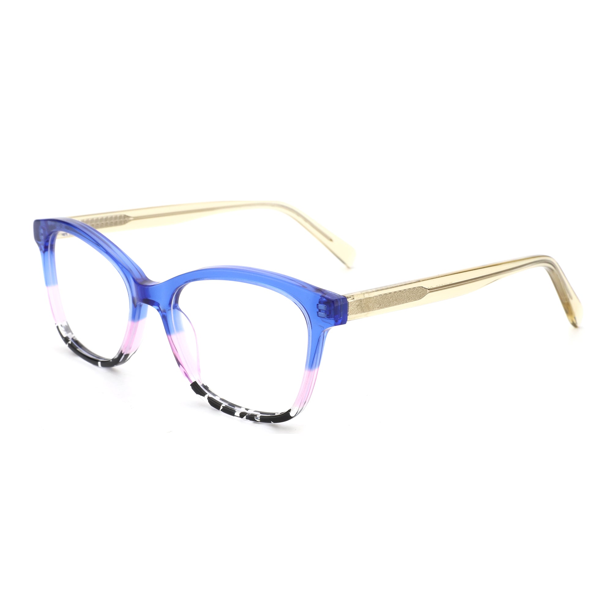 ZENOTTIC square eyeglasses: blue-pink gradient acetate frame, black/white pattern, gold temples.
