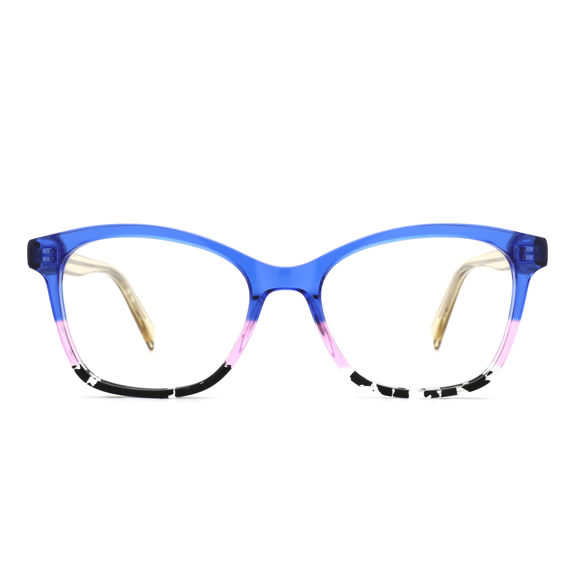 ZENOTTIC Sunflower eyeglasses, blue acetate square frame with pink and black gradient detail.