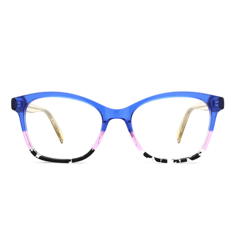 ZENOTTIC Sunflower eyeglasses, blue acetate square frame with pink and black gradient detail.