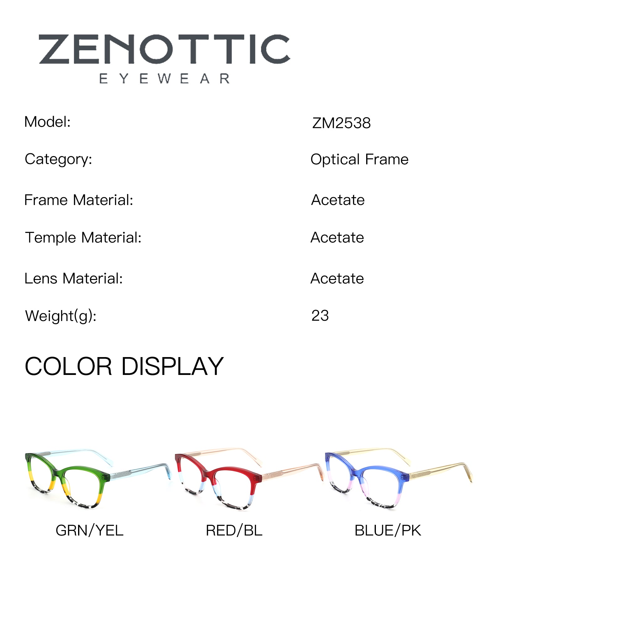 ZENOTTIC ZM2538 square acetate eyeglasses in GRN/YEL, RED/BL, BLUE/PK colors.