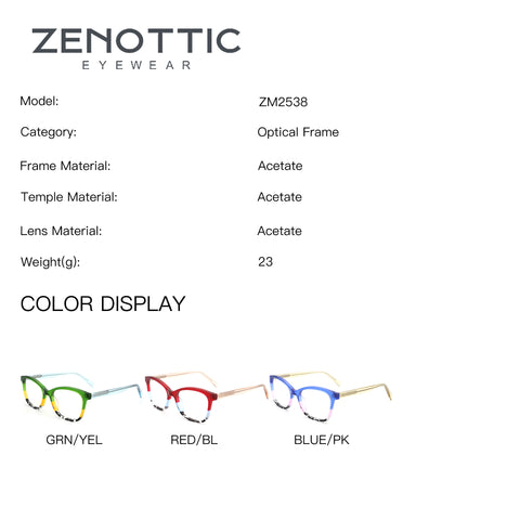 ZENOTTIC ZM2538 square acetate eyeglasses in GRN/YEL, RED/BL, BLUE/PK colors.