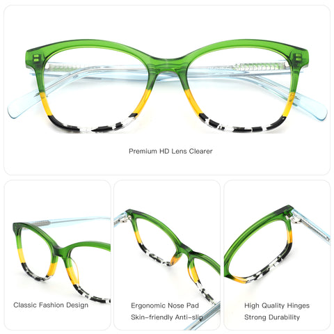 ZENOTTIC Sunflower green acetate square eyeglasses with bold yellow & black patterned rim.