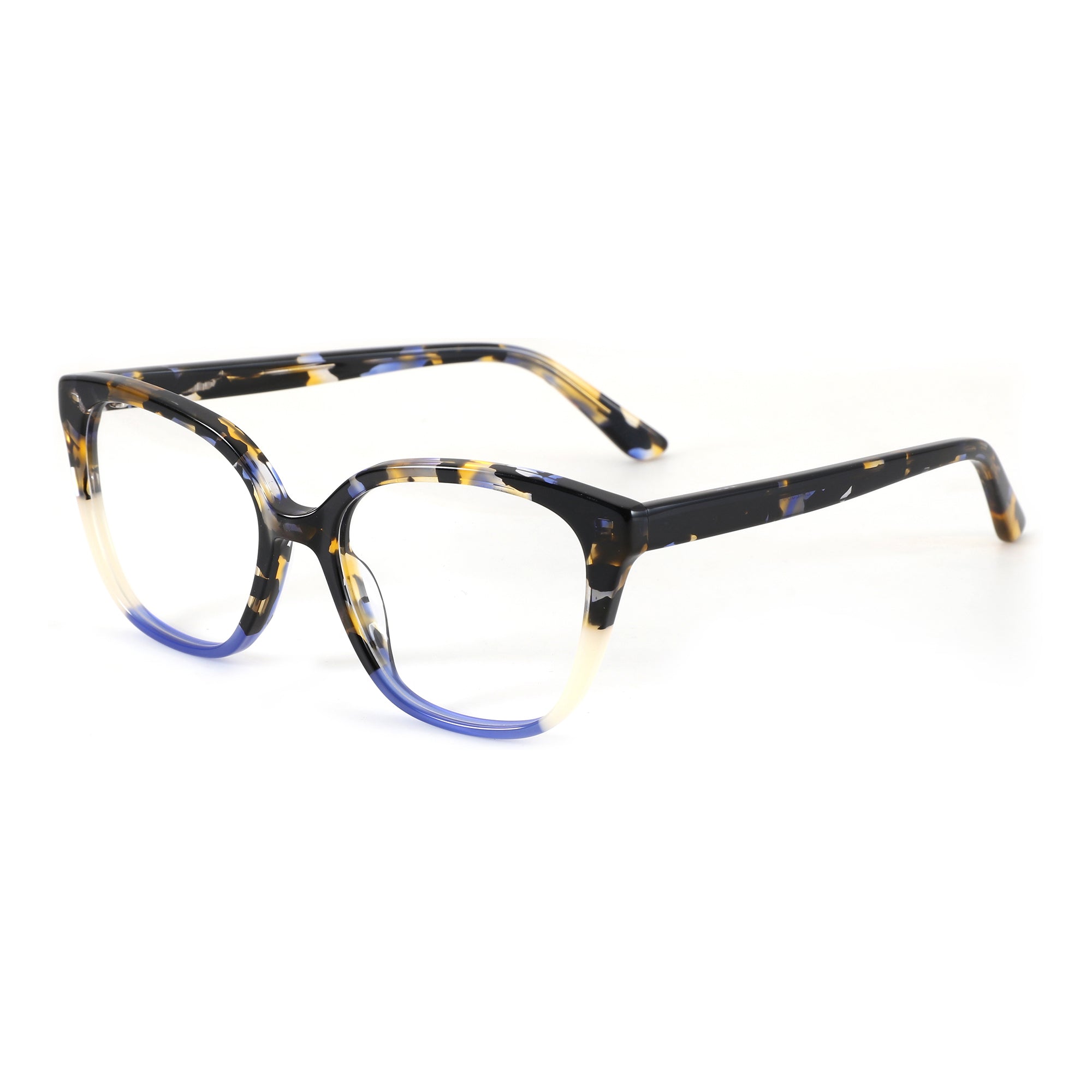 ZENOTTIC women's square acetate eyeglasses with black, yellow, blue speckle pattern and blue gradient.